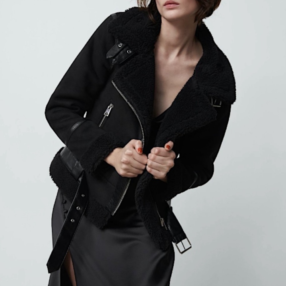 Zara Black Shearling Moto Jacket NWT